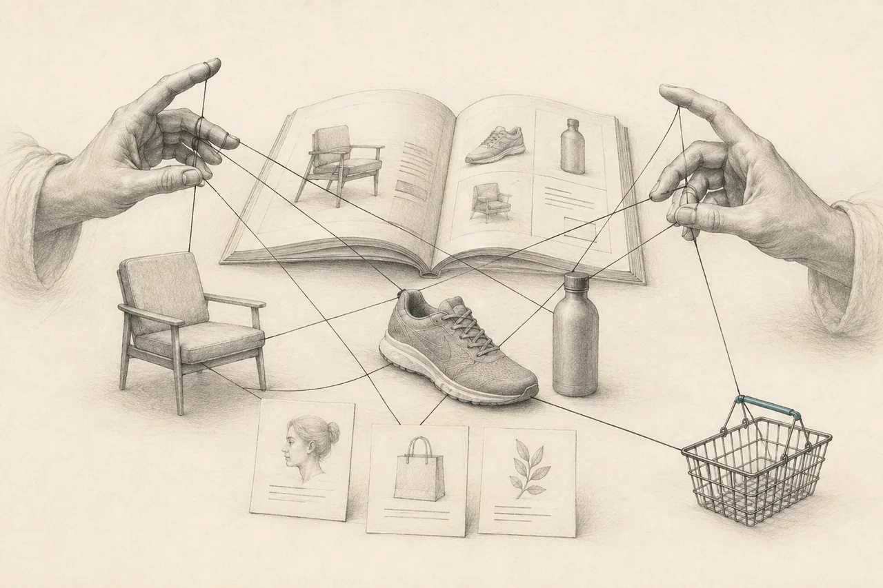 Hands connecting a product catalogue, retail products and a shopping basket with threads