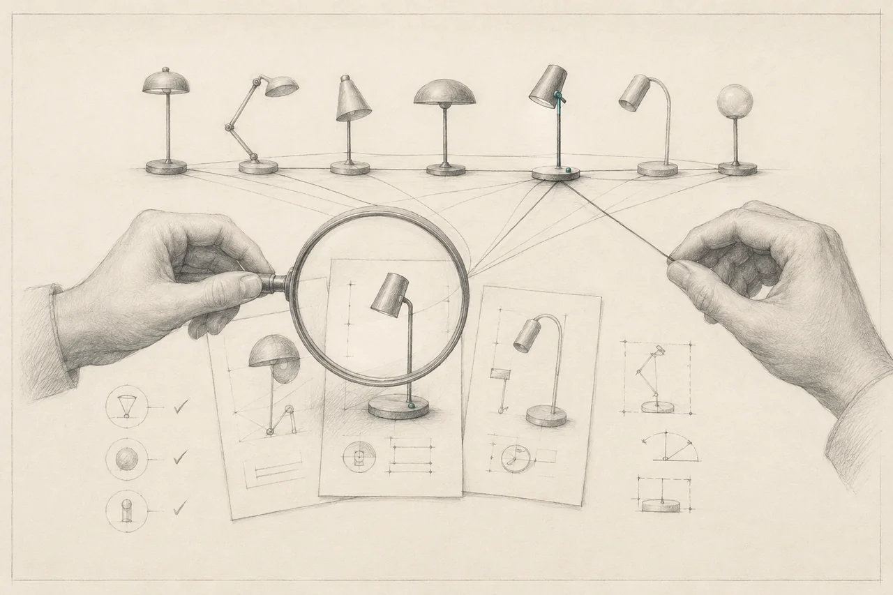 Hands using a magnifying glass and threads to select a desk lamp from catalogue alternatives