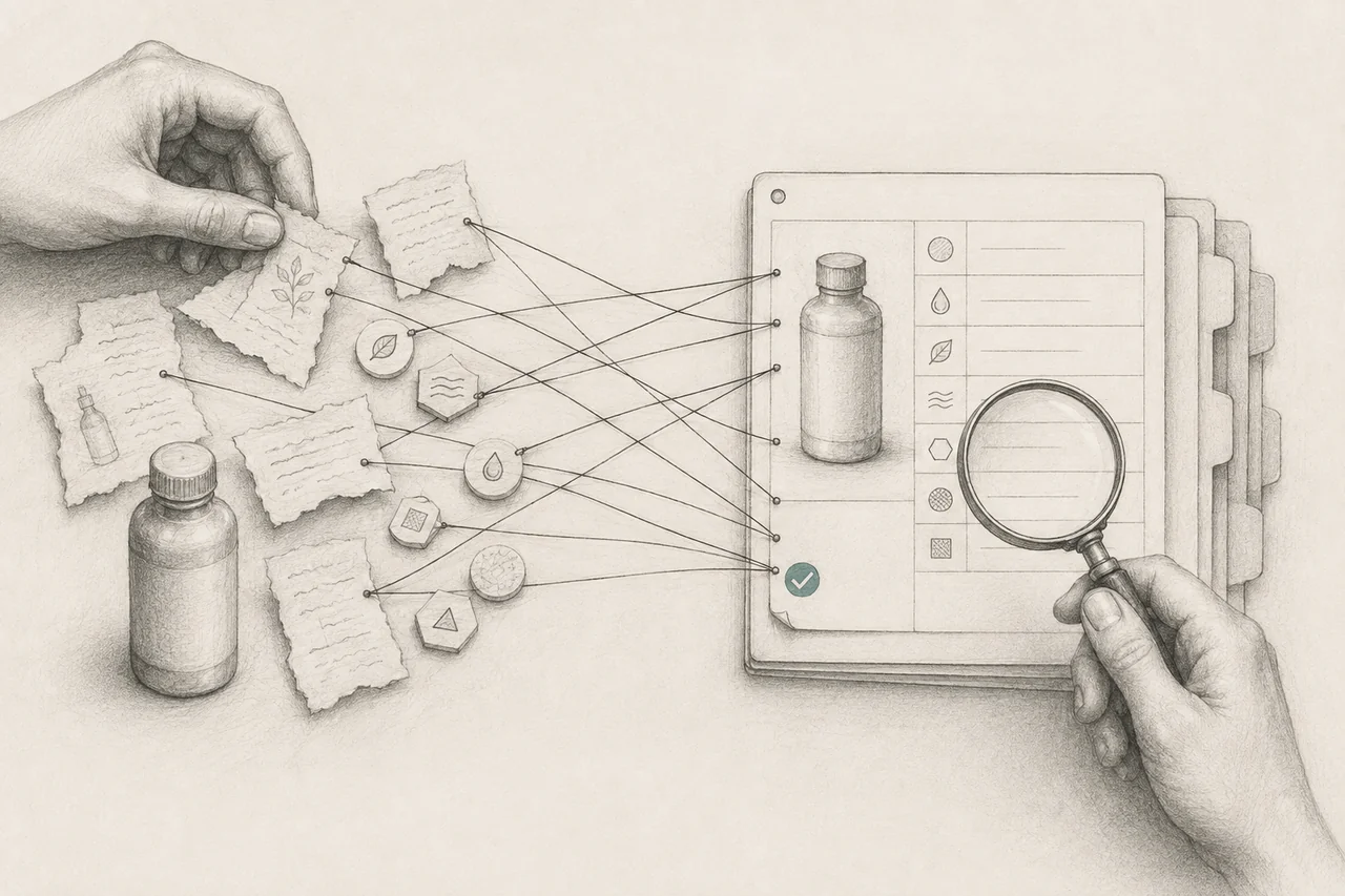 Hands tracing supplier fragments and product attributes into an inspected structured catalogue record