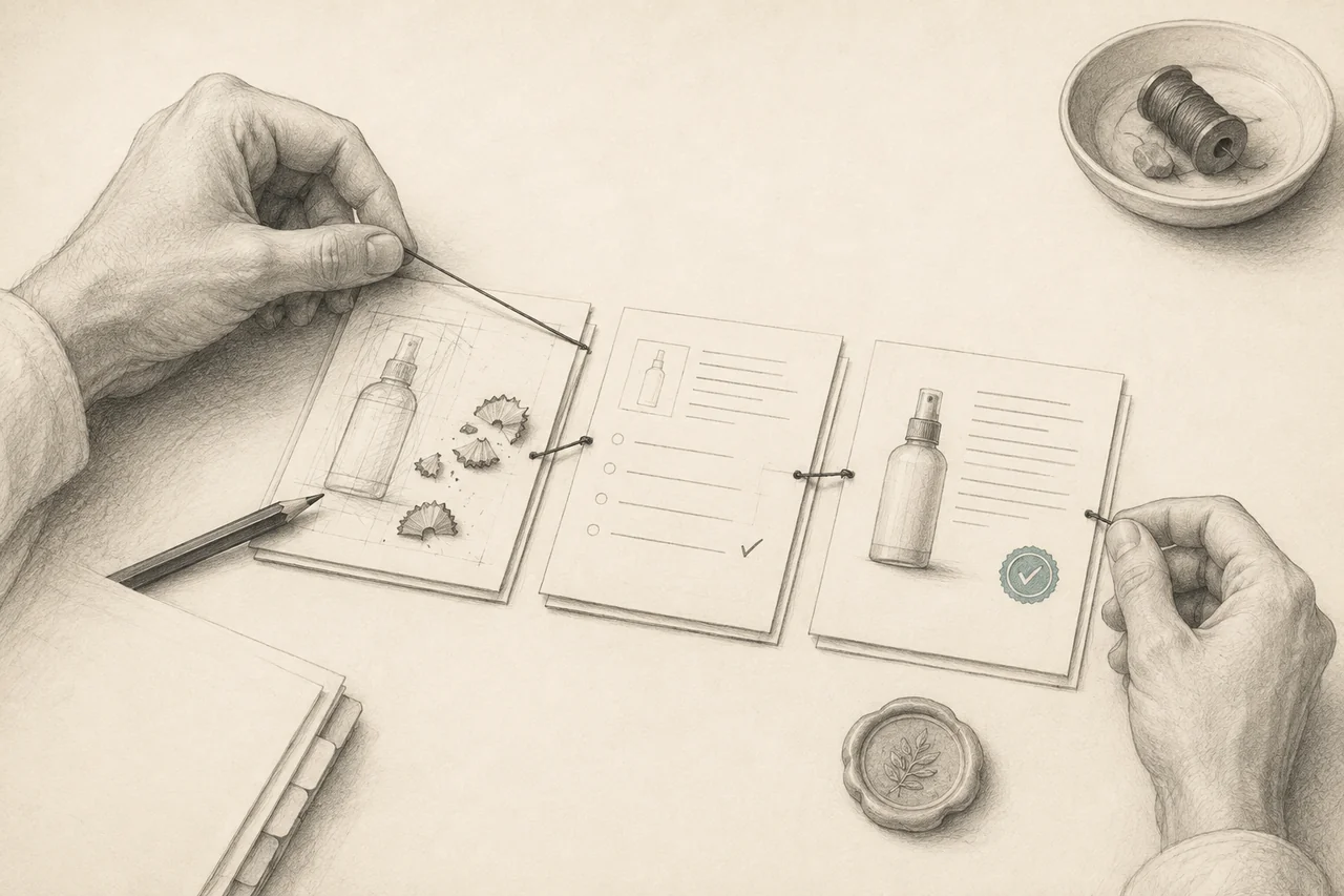Hands guiding product detail drafts through structured validation to an approved product page