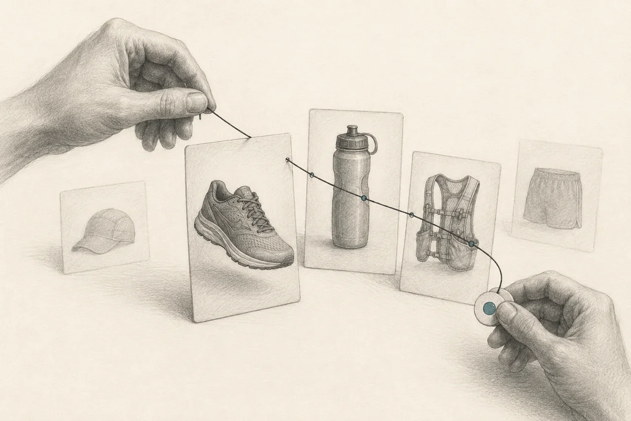 Hands linking running shoes, a water bottle and a running pack into a compatible product set