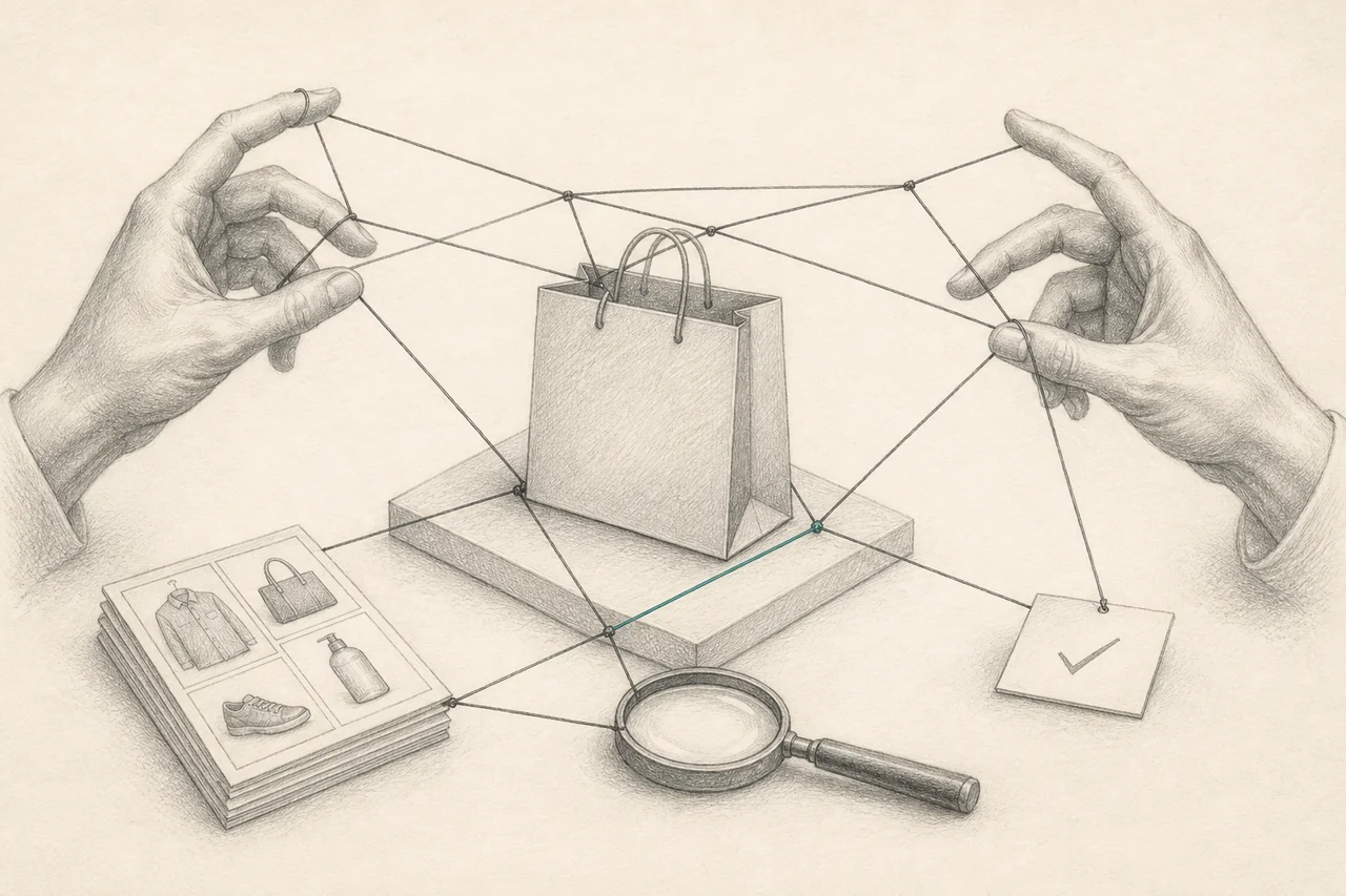 Hands connecting a shopping bag, product catalogue, magnifying glass and approval card with threads