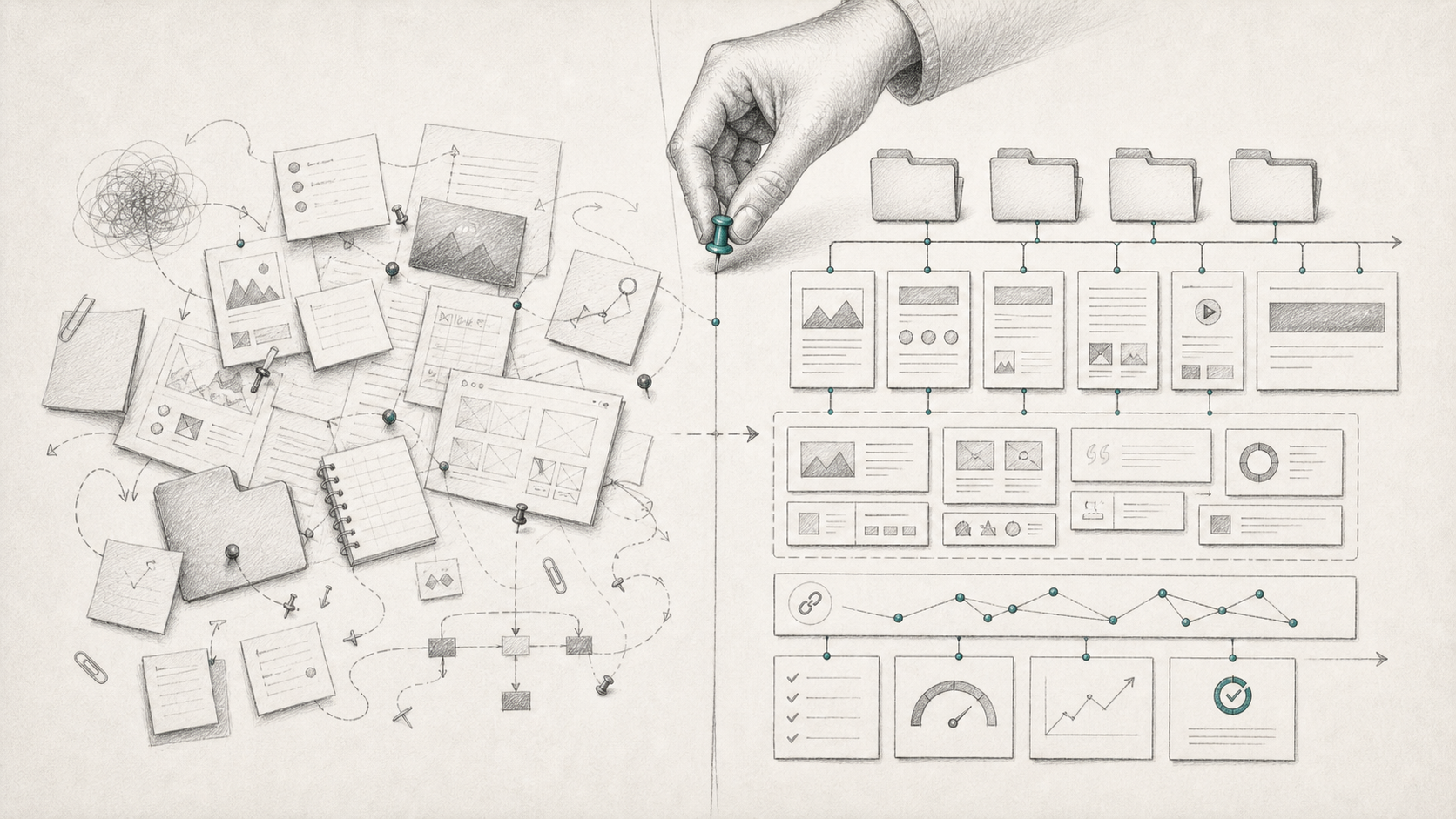 Graphite pencil before and after diagram showing messy website files becoming an organized sitemap, component system, launch checklist and growth backlog.