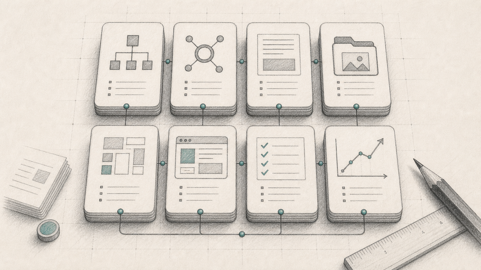 Graphite pencil illustration of eight connected deliverable stacks for blueprint, search foundation, content system, assets, components, production site, launch kit and growth backlog.