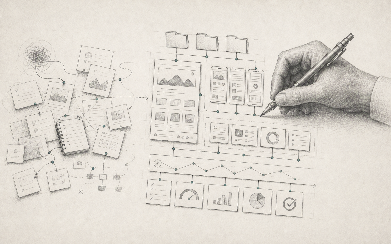Graphite pencil illustration of scattered website materials becoming a structured AI Site Factory website system blueprint.
