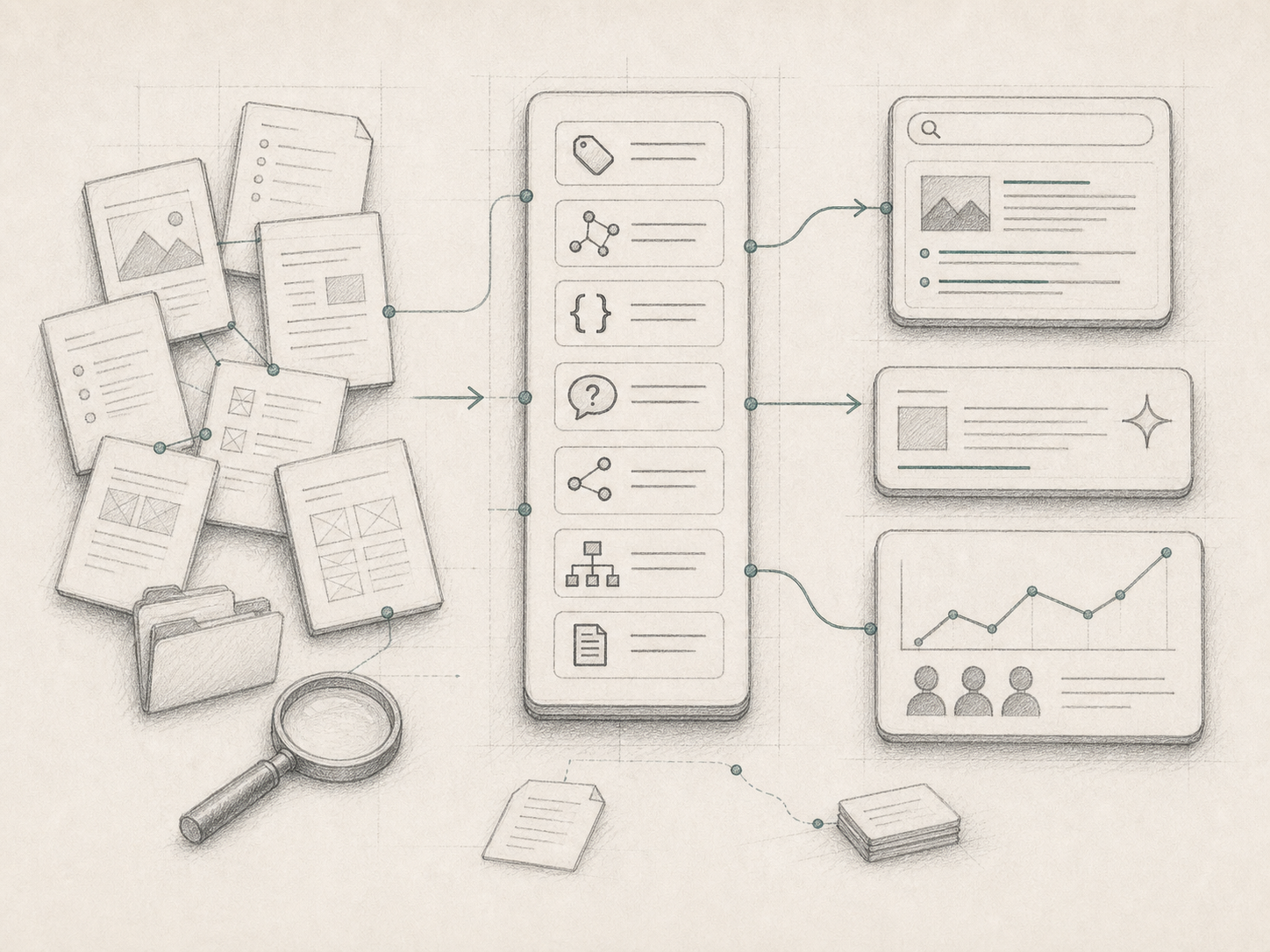 Graphite pencil diagram showing source-of-truth website pages flowing through metadata, schema, FAQ, internal links and AI-readable files into search visibility and AI answer surfaces.