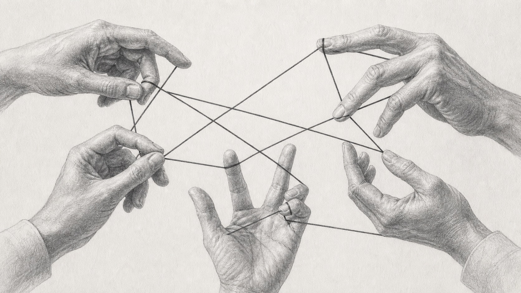 Pencil illustration of specialist hands connecting a shared thread into one coordinated system